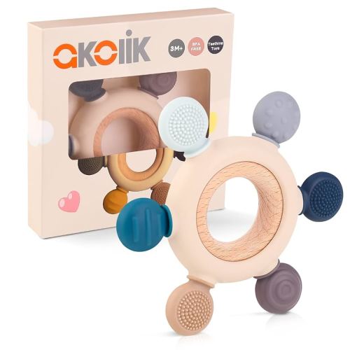 akolik Teething Toys for Babies, Baby Teethers Toy Teething Ring Silicone, Grasping Teething Toy, BPA Free Teething Newborn Accessories for Baby 0 3 6 9 12 18 Months (Grey)