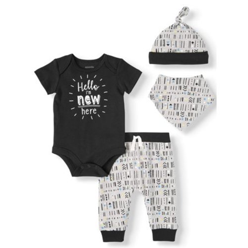 Miniville Baby Boy Short Sleeve Bodysuit, Jogger Pant, Bandana Bib & Hat, 4pc Outfit Set