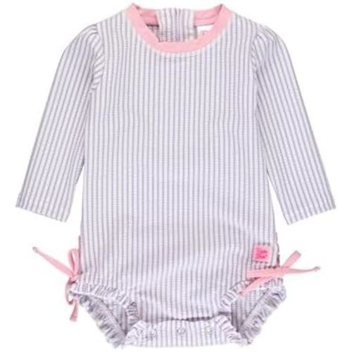 RuffleButts Baby/Toddler Girls Seersucker Long Sleeve One Piece Rash Guard Swimsuit with UPF 50+ Sun Protection