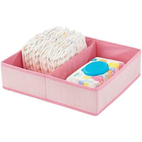 mDesign Soft Fabric Dresser Drawer and Closet Storage Organizer Bin for Child/Kids Room, Nursery, Playroom - Divided 2 Section Tray - Herringbone Print - Pink