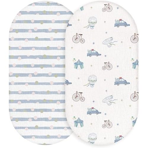 Muslin Bassinet Fitted Sheets, 2 Pack for Baby Boy and Girl, Soft Breathable Baby Pad/Mattress Sheet, Fit for Hourglass Oval and Rectangle Bassinet Mattress (Cute Cars)