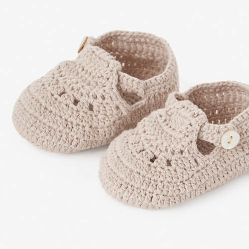 Taupe T-Strap Hand Crocheted Baby Booties – Elegant Baby