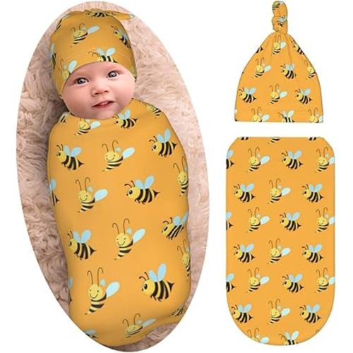 Cute Bee Baby Stuff Newborn Swaddle Blanket with Beanie Set, Soft and Stretchy Baby Blanket Swaddle Sack for Boy and Girl