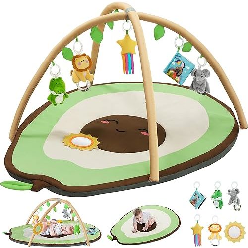 CoziBB Baby Play Gym Mat & Activity Mat, Baby Tummy Time Mat, Large Avocado Shaped Playmat with 6 Detachable Toys for Motor Skills & Sensory Development, Washable Infant Baby Essentials,Light Green