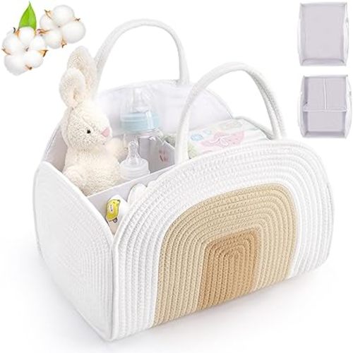 Baby Diaper Caddy Organizer, Cotton Rope Diaper Organizer for Changing Table, Sturdy Portable Nursery Baby Basket with Detachable Compartments, Baby Essentials for Newborn, Stylish Baby Shower Gifts