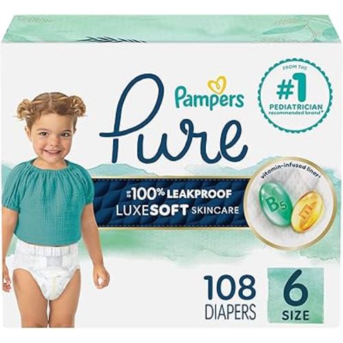 Pampers Pure Protection Baby Diapers, Size 6 (35+ lbs), 108 Count, Up to 100% Leakproof, Premium Plant-based Skin Protection, Hypoallergenic Soft Diapers