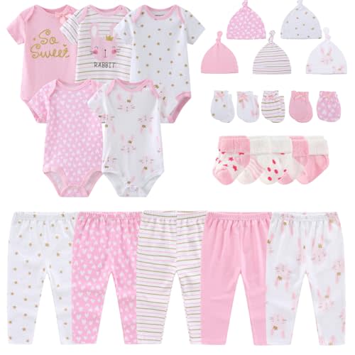MAMIMAKA Newborn Layette Gift Set Bodysuits Pants for Baby Girl and Boy 24 Piece 100% Cotton Essentials and Accessories