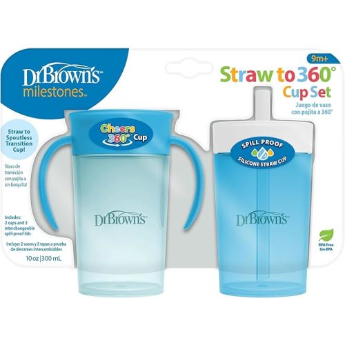 Dr. Brown's Milestones Straw to 360 Convertible Toddler Training Cup Set with Interchangeable Silicone Straw and 360 Degree Cup Lids, Blue Ocean, 10 oz/300 mL, BPA-Free, 9m+, 2-Pack