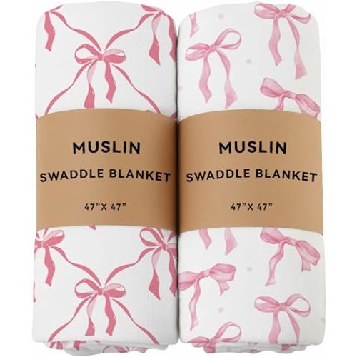 2 Pack Pink Bow Muslin Swaddle Blankets 70% Bambo 30% Cotton Breathable Receiving Blankets Newborn Essentials for Baby Girl Soft and Large 47 x 47 Inches (Bow)