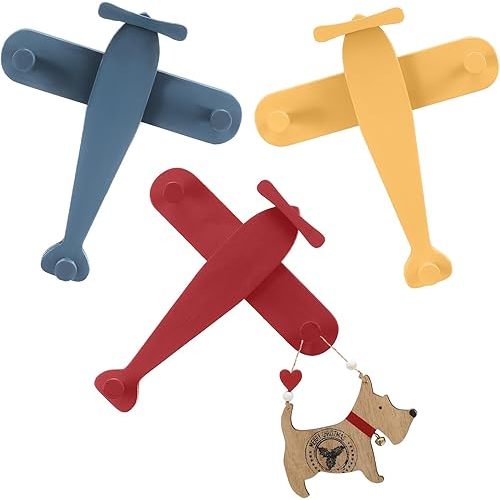 3 Pack Airplane Shaped Wall Coat Hooks Vintage Nursery Decor Wooden Airplane Decorative Cute Coat Rack Wall Mount for Bedroom Living Room Office Entryway Door Nursery