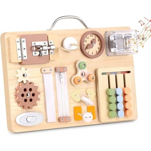 Montessori Busy Board for Toddlers 16-in-1 Wooden Sensory Activity Board with Music Box Fine Motor Skills Learning Toy Preschool Educational Travel Gift for Boys Girls Ages 1-3