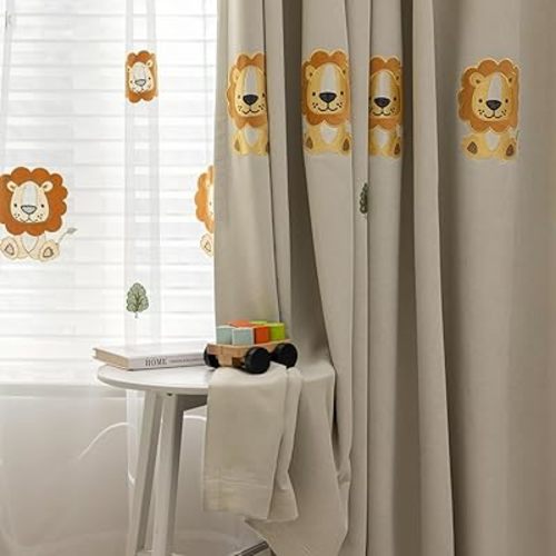 Cartoon Lion Kids Curtains with Blackout Liner Embroidery Lovely Beige Nursery Curtains for Children Boys Baby Bedroom Living Room Grommet Top Room Darkening Window Drapes 1 Panel W52 x L84 Inch