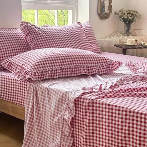 NSNLGSGC Red Gingham Ruffle Queen Sheet Set, Red Soft Pre-Washed Microfiber Plaid Queen Bed Sheets, 4-Pieces Farmhouse Sheet Set with Deep Pocket