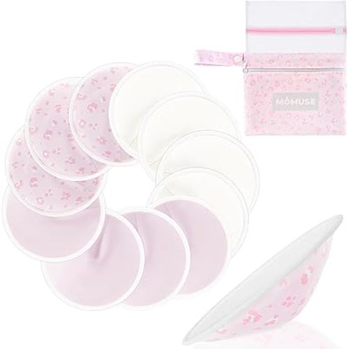 MOMUSE Reusable Nursing Pads 12 Pack,Ultra Smooth Fabric & Fast Absorbent Breathable Washable Nursing Pads for Breastfeeding Essentials,Invisible Cup-Shaped,Waterproof Bag + Wash Bag