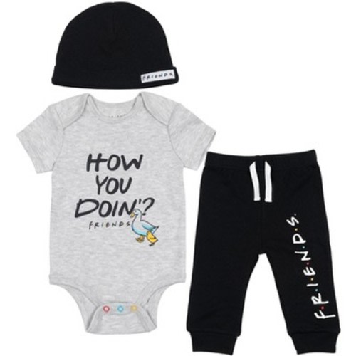 FRIENDS Newborn Baby Boys 3 Piece Outfit Set: Bodysuit Pants Hat Grey / Black 0-3 Months