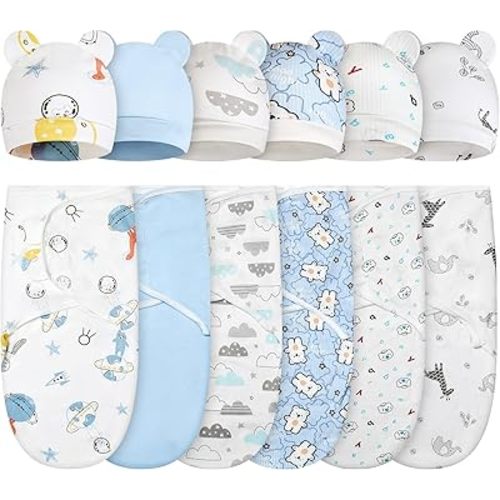 Ramede 6 Pack Baby Swaddle Blanket with Hats Sleep Swaddle for 0-3 Months Newborn Sacks Soft Cotton Wearable for Baby Boy Girl Sleeping(Blue, Bear)