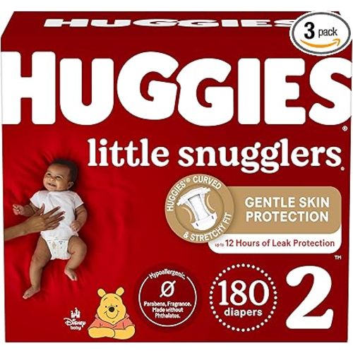 Huggies Size 2 Diapers, Little Snugglers Baby Diapers, Size 2 (12-18 lbs), 180 Ct (3 packs of 60), Packaging May Vary