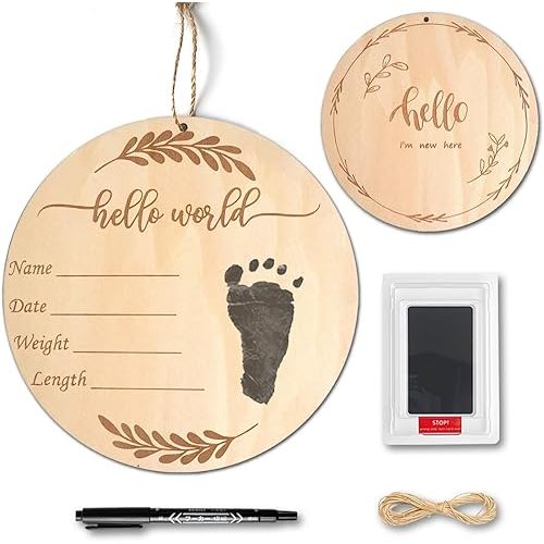 Baby Birth Announcement Sign with Marker Pen, Wooden Hello World Newborn Sign with Ink Pad for Baby Hand and Footprints, Double-sided Newborn Announcement Sign for Shower Photo Prop Keepsakes (Brown)