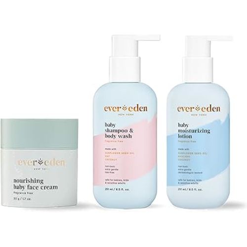 Evereden Baby Shampoo and Body Wash, 8.5 fl oz & Fragrance Free Baby Moisturizing Lotion, 8.5 fl oz & Nourishing Baby Face Cream, 1.7 oz | 3 Item Bundle Set | Clean Baby Care