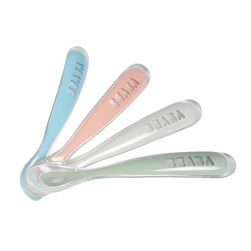 BEABA First Stage Baby Feeding Spoon Set, The Original Soft Tip Silicone Spoons for Babies, Gum Friendly BPA Lead Phthalate and Plastic Free, Great Gift Set (4 Pack), Rose