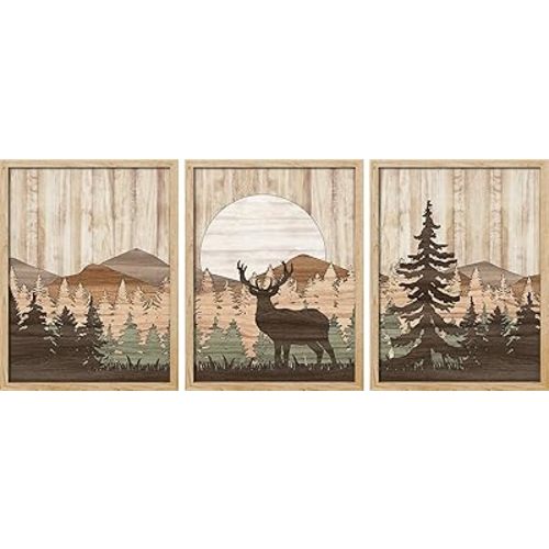 SIGNWIN Framed Mountain Forest Wall Art, Set of 3 Moose Deer Sunset Colorful Wall Decor Prints, Nature Wilderness Wall Décor for Living Room, Bedroom - 12"x16" Natural