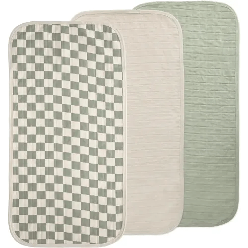 mushie Waterproof Changing Pad Liners | 100% Organic Cotton | Set of 3 (Olive Check Combo)