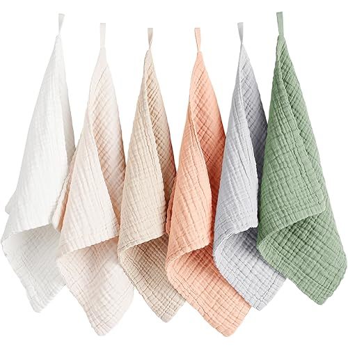 Konssy 6 Pack Baby Muslin Washcloths for Unisex 100% Cotton Wash Cloth Set for Baby Face Body Comfy and Soft for Newborn Infants Kids Girls and Boys