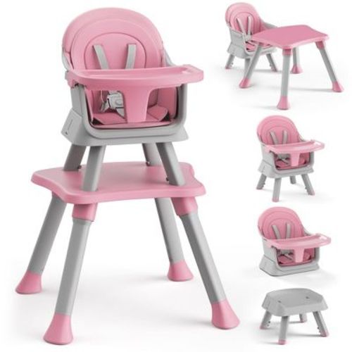 Kinder King 8 in 1 Baby High Chair, Coverts to Dining Booster Seat, Removable Tray & Double Seat Cover, Easy to Wipe, Gray & Pink
