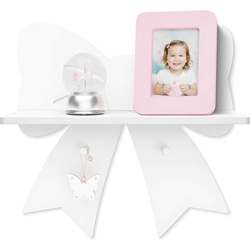 Bow Shaped Floating Shelf with Hooks - Cute White Wooden Wall Decor for Girls Bedroom, Playroom & Vanity, Trinket Display Organizer