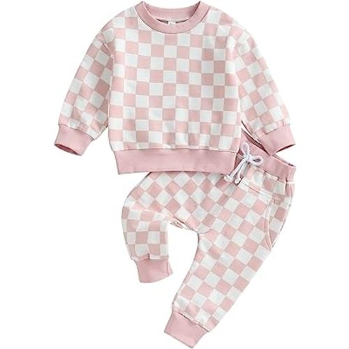 Karwuiio Toddler Baby Boy Girl Clothes Checkerboard Print Long Sleeve Sweatshirt Tops and Pants Fall Clothing Set