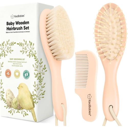 Baby Hair Brush and Comb Set for Newborn - Wooden Baby Hair Brush Set with Soft Goat Bristle, Baby Brush Set for Newborns, Baby Brush and Comb Set Girl, Boy, Toddler Cradle Cap Brush (Oval, Peach)