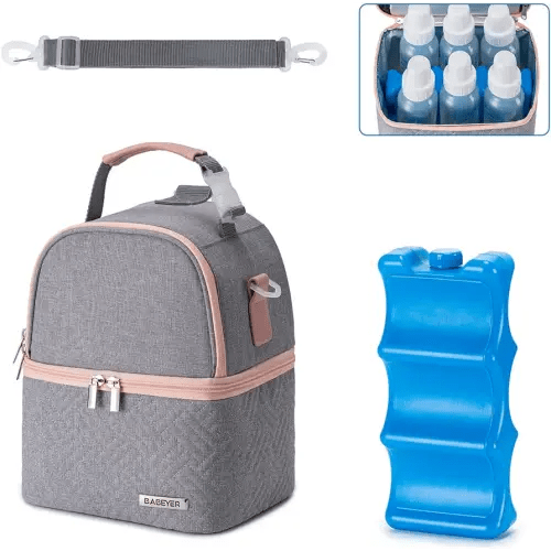 Breastmilk Cooler Bag with Ice Pack Fits 6 Baby Bottles up to 9 Ounce, Breast Milk Pump Cooler Bag with Shoulder Strap for Nursing Mom Daycare, Work, Travel- Grey