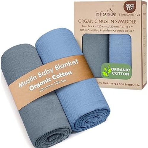 Organic Cotton Muslin Baby Blanket - 47x47 Inch Breathable Swaddle, Hypoallergenic Double-Layer, Versatile Use (Slate/Aquarius)