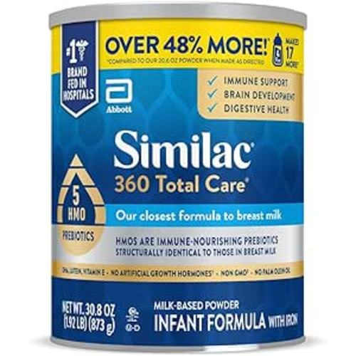 Similac 360 Total Care Infant Formula with 5 HMO Prebiotics, Our Closest Formula to Breast Milk, Non-GMO, Baby Formula Powder, 30.8-oz Can