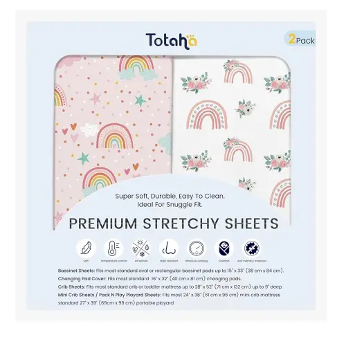 TotAha Pink Rainbow Crib Sheets Girl - Hypoallergenic, Silky Comfort, Buttery Soft, Calming Effect, All-Season Premium Stretchy Jersey-Knit Sheets, 9'' Extra Deep Pocket-2 Pack