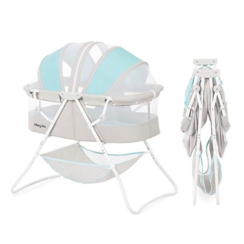 Karley Bassinet in Blue & Grey, Lightweight Portable Baby Bassinet, Quick Fold and Easy to Carry , Adjustable Double Canopy, Indoor and Outdoor Bassinet with Large Storage Basket. - Blue/Grey