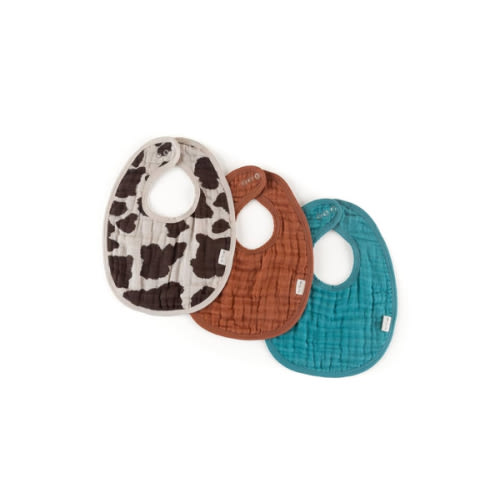 Itzy Ritzy Set of 3 Baby Bibs - Ultra-Soft Adjustable Infant & Toddler Bibs Made of Triple-Layer Cotton Muslin, Ideal for Drooling, Teething, & Eating - 3 Stylish, Coordinating Prints (Cow Print)
