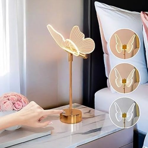 Butterfly Table Lamp,Tricolor Butterfly Lamp for Nightstand,3 Way Dimmable Butterfly Bedside Lamps, Acrylic Butterfly Touch Lamp for Living Room Bedroom Home Decor,Gold