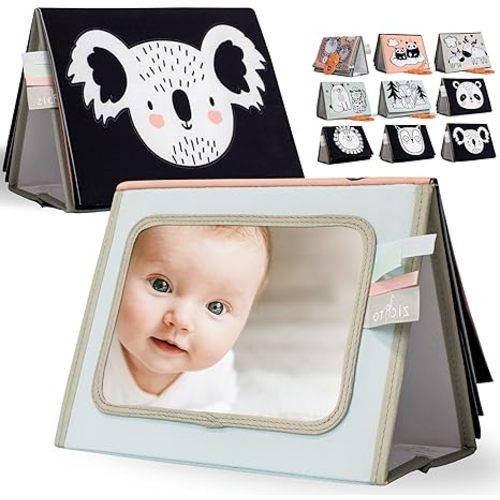 Soft Tummy Time Book w/ Large Stimulating Baby Safe Mirror - Fun High Contrast Montessori Toy w/ Mirror, Crinkle Filling & Silicone Teether - The Perfect Toy For Safe Early Newborn/Infant Development