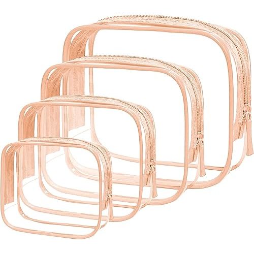 Clear Toiletry Bag, 4 Packs TSA Approved Water resistant Quart Size Travel Organizer, Airport Airline Travel Essential Carry On Makeup Cosmetic Bags for Women (Light Pink, Pack of 4)