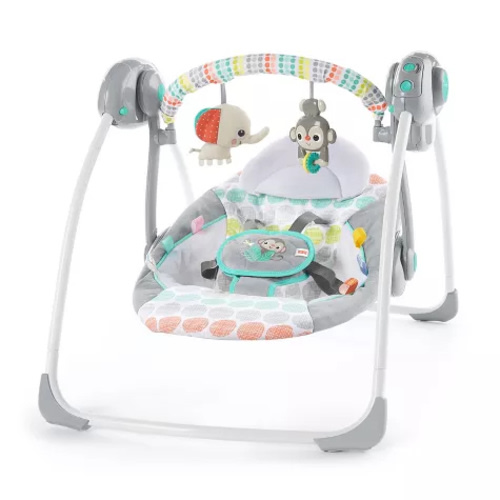 Bright Starts Portable Automatic 6-Speed Baby Swing with Adaptable Speed, Taggies, Music, Removable-Toy-Bar, 0-9 Months 6-20 lbs (Whimsical Wild)