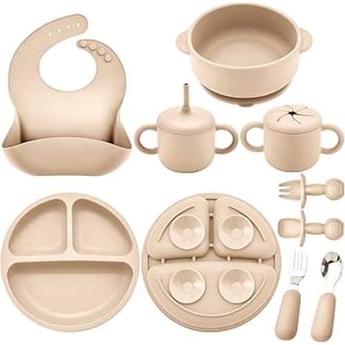 Silicone Baby Feeding Set, Baby Led Weaning Supplies, Eating Essentials Utensils with Suction Plate and Bowl, Pocket Bib, Sippy Cup with Lid, Forks Spoons Snack Container, for 6+ Months, Beige