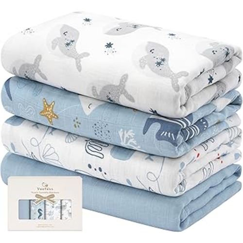 Yoofoss Muslin Swaddle Blankets, 4-Pack Receiving Blankets for Baby Boys and Girls, 47 x 47 Inches Baby Swaddle Neutral Wrap 70% Rayon from Bamboo and 30% Cotton