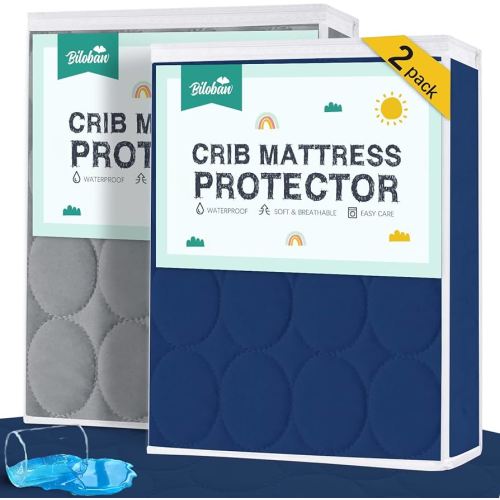Biloban Crib Mattress Protector 2 Pack, Waterproof, Durable, Grey & Navy, Absorbent, Noiseless, Fits Standard 28 x 52 x 5 Inch Mattresses