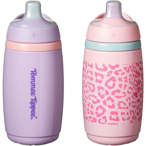 Tommee Tippee Active Spout Toddler Cups, 9 oz, Insulated Sippy Cups For Toddlers 1-3, Silicone Spout, Leak-Proof Valve and Handle, Pink and Purple, Pack of 2