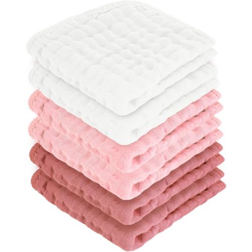 Baby Washcloths 100% Cotton Size is 12x12 inches. Lightweight, Portable, and Ideal for use at Home or on The go. (White & Pink 6 Pieces)