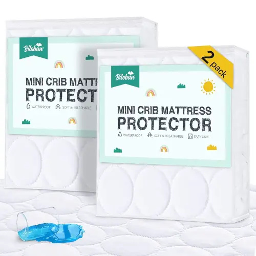 Mini Crib Mattress Protector Sheets Waterproof 2 Pack, Quilted Pack and Play Mattress Pad Cover Fits for Mini Crib/Playen/Pack and Play Mattress, White, 38"x24"