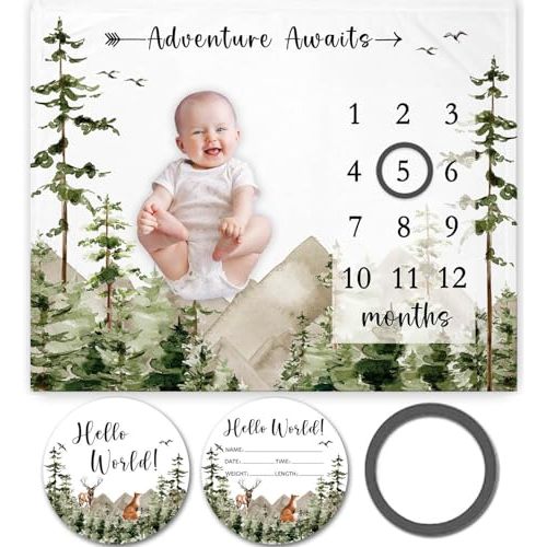 Yuzioey Adventure Awaits Baby Milestone Blanket with Birth Stat Sign, Mountain Baby Growth Chart Monthly Blanket, Watch Me Grow Adventure Baby Nursery for New Moms Baby Shower(50"x40")