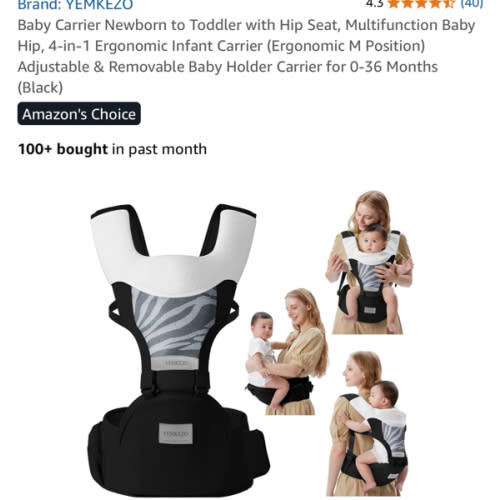 Baby Carrier Newborn to Toddler with Hip Seat, Multifunction Baby Hip, 4-in-1 Ergonomic Infant Carrier (Ergonomic M Position) Adjustable & Removable Baby Holder Carrier for 0-36 Months (Black)