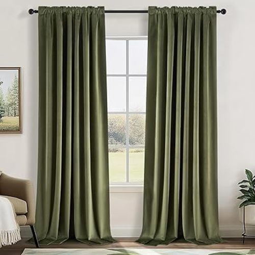 Topfinel Olive Green Velvet Blackout Curtains 84 Inches Long, Soundproof Room Darkening Dark Green Forest Green Thermal Insulated Boho Elegant Moody Back Tab Curtains for Living Room Bedroom 2 Panels